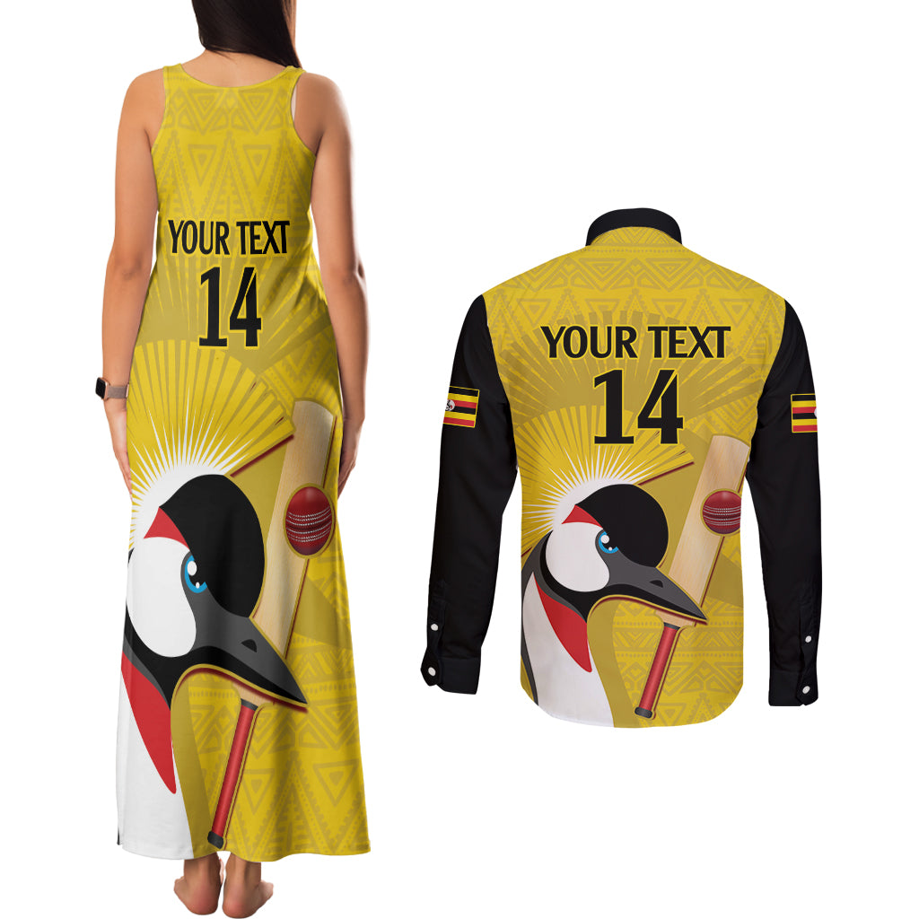 Custom Uganda Cricket Couples Matching Tank Maxi Dress and Long Sleeve Button Shirt Ugandan Grey Crowned Crane - Wonder Print Shop