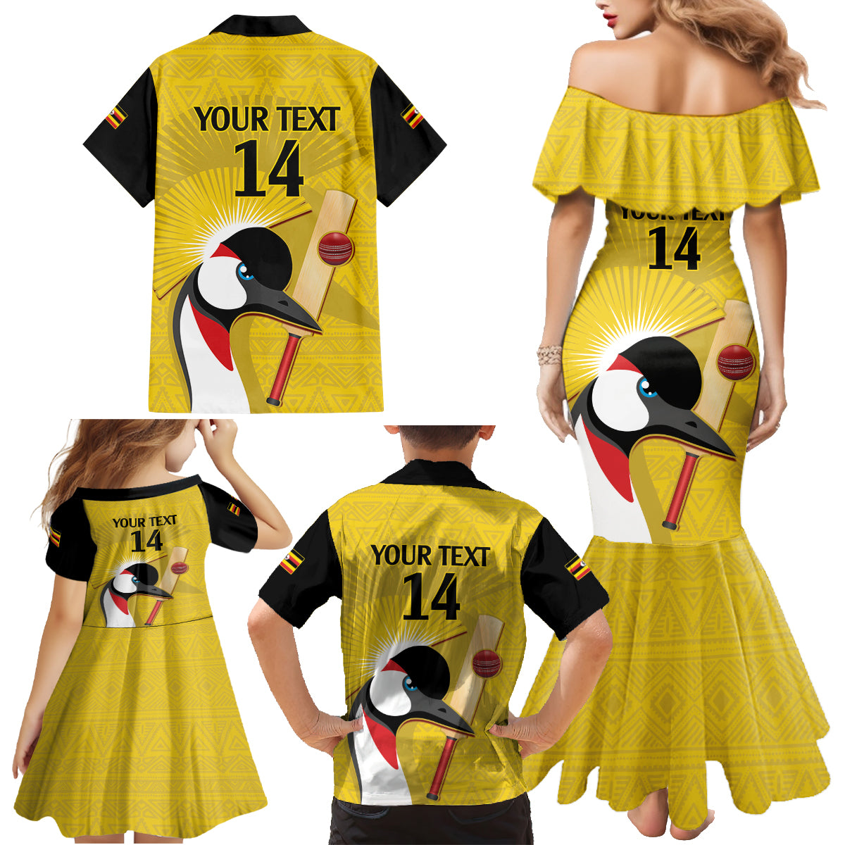 Custom Uganda Cricket Family Matching Mermaid Dress and Hawaiian Shirt Ugandan Grey Crowned Crane - Wonder Print Shop