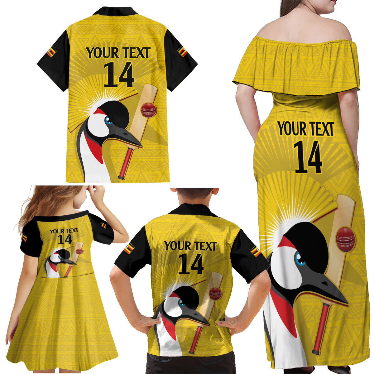 Custom Uganda Cricket Family Matching Off Shoulder Maxi Dress and Hawaiian Shirt Ugandan Grey Crowned Crane - Wonder Print Shop