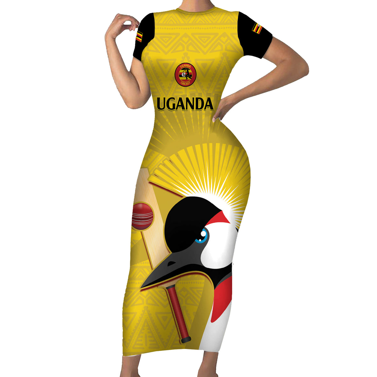 Custom Uganda Cricket Family Matching Short Sleeve Bodycon Dress and Hawaiian Shirt Ugandan Grey Crowned Crane - Wonder Print Shop