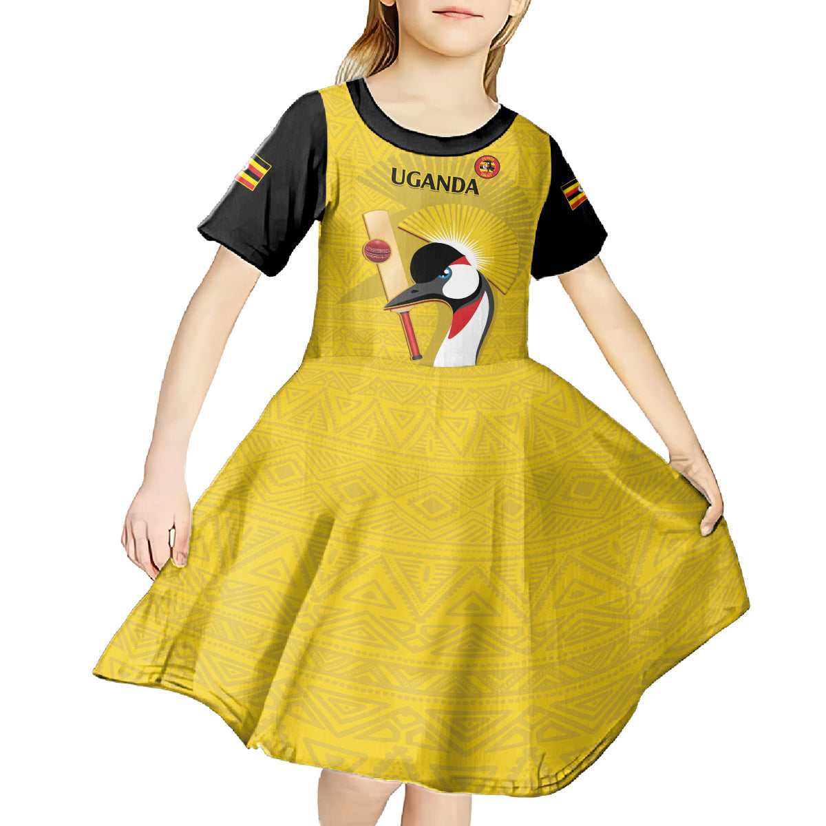 Custom Uganda Cricket Kid Short Sleeve Dress Ugandan Grey Crowned Crane - Wonder Print Shop