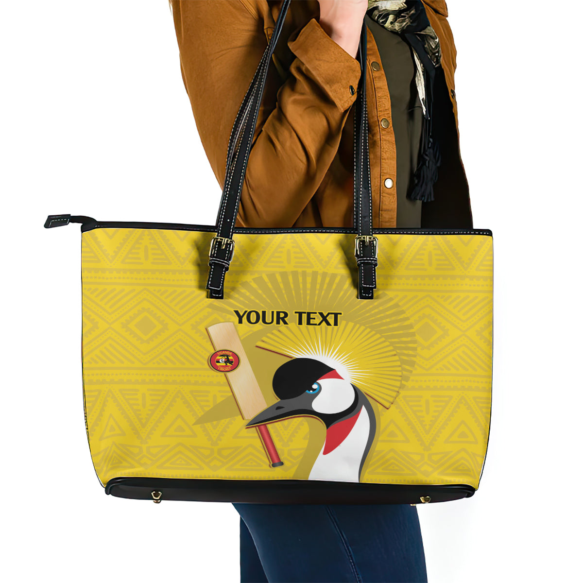 Custom Uganda Cricket Leather Tote Bag Ugandan Grey Crowned Crane - Wonder Print Shop