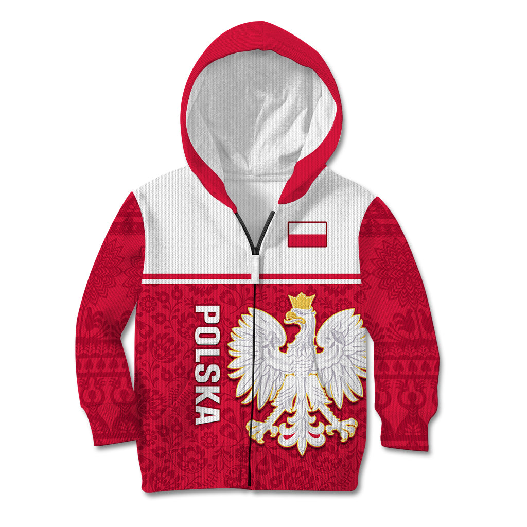 Poland Kid Hoodie Polska Coat Of Arms With Folk Pattern - Wonder Print Shop