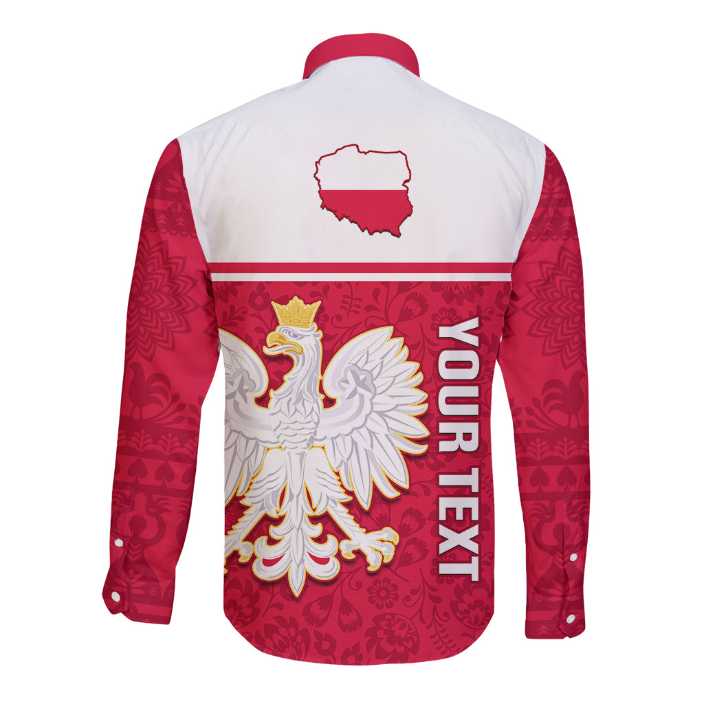 Personalised Poland Long Sleeve Button Shirt Polska Coat Of Arms With Folk Pattern - Wonder Print Shop