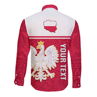 Personalised Poland Long Sleeve Button Shirt Polska Coat Of Arms With Folk Pattern - Wonder Print Shop