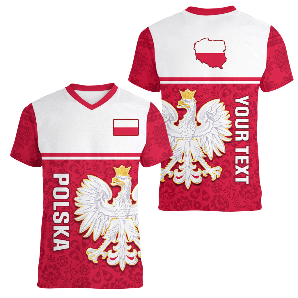 Personalised Poland Women V Neck T Shirt Polska Coat Of Arms With Folk Pattern - Wonder Print Shop