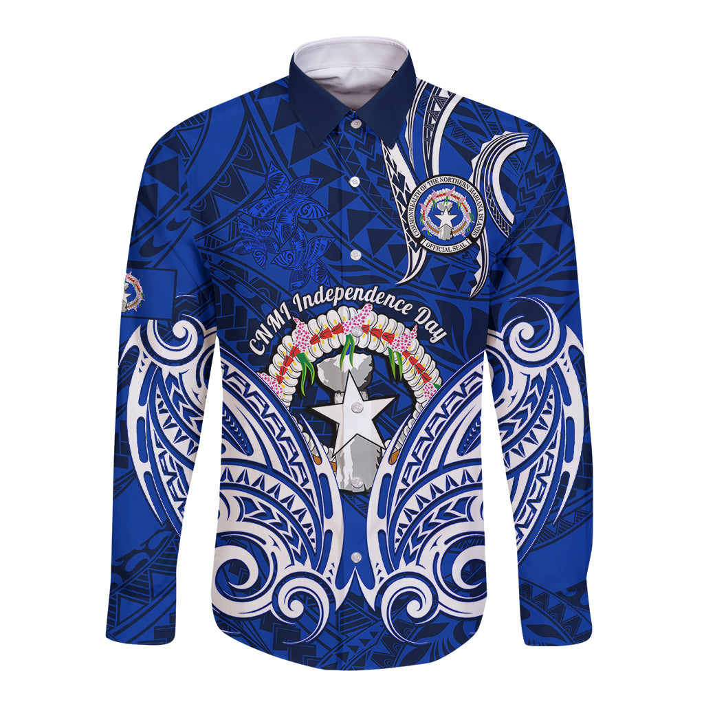 Personalised Independence Day CNMI Long Sleeve Button Shirt Northern Mariana Islands Tribal Tattoo Pattern - Wonder Print Shop