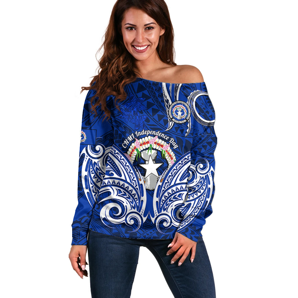 Personalised Independence Day CNMI Off Shoulder Sweater Northern Mariana Islands Tribal Tattoo Pattern - Wonder Print Shop