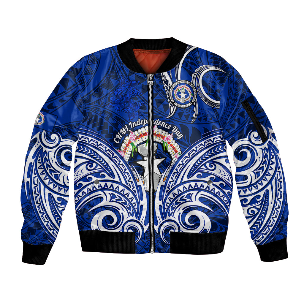 Personalised Independence Day CNMI Sleeve Zip Bomber Jacket Northern Mariana Islands Tribal Tattoo Pattern - Wonder Print Shop