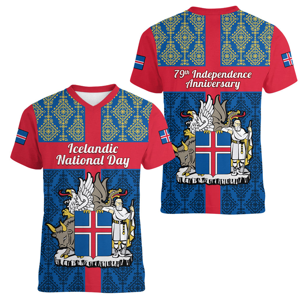17 June Iceland National Day Women V Neck T Shirt Icelandic Folk Pattern - Wonder Print Shop