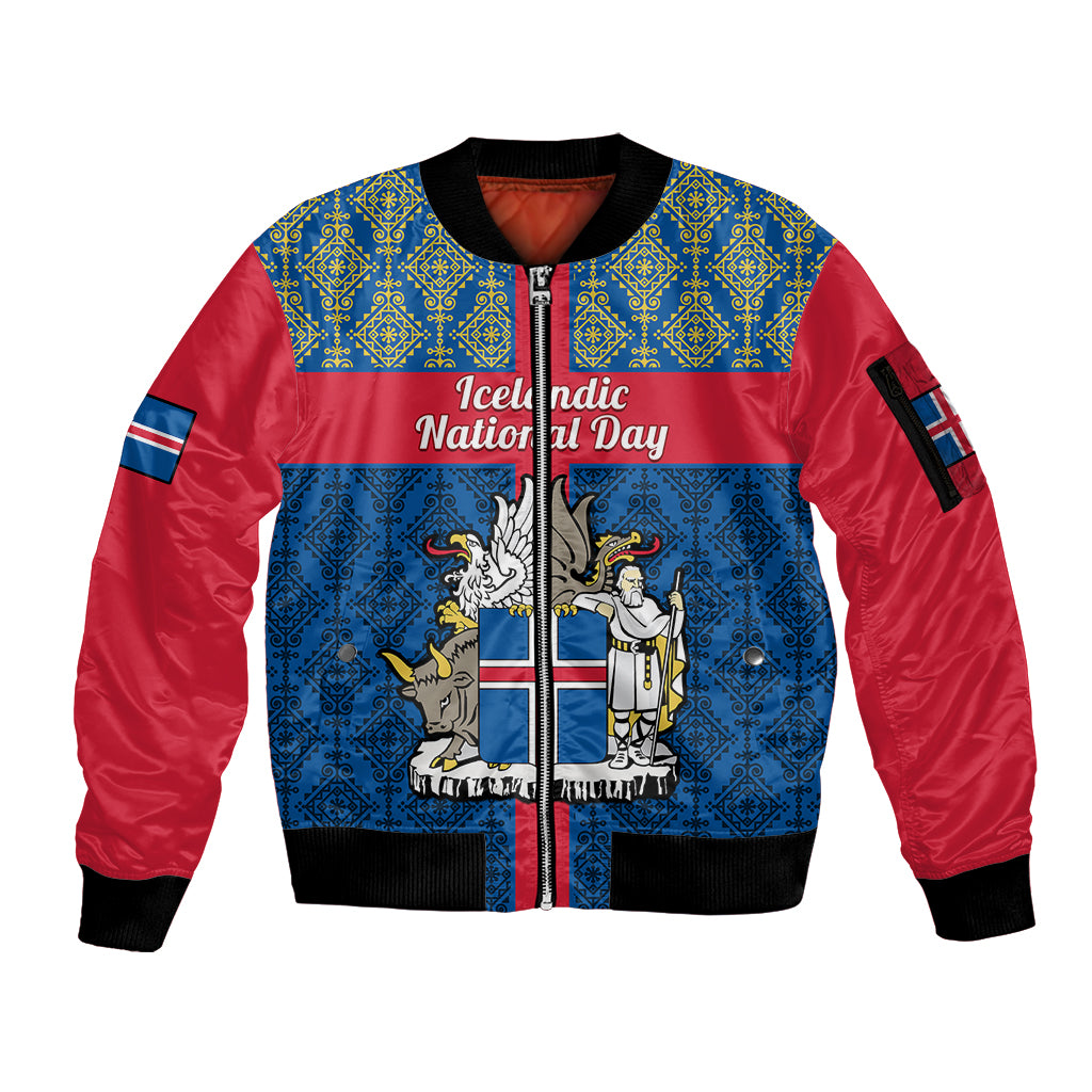 Personalised 17 June Iceland National Day Sleeve Zip Bomber Jacket Icelandic Folk Pattern - Wonder Print Shop