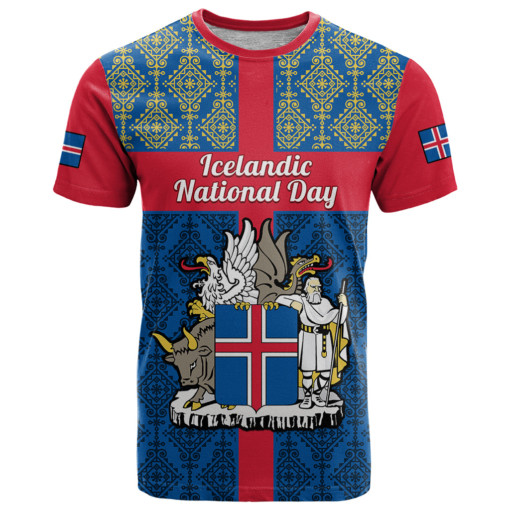 Personalised 17 June Iceland National Day T Shirt Icelandic Folk Pattern - Wonder Print Shop