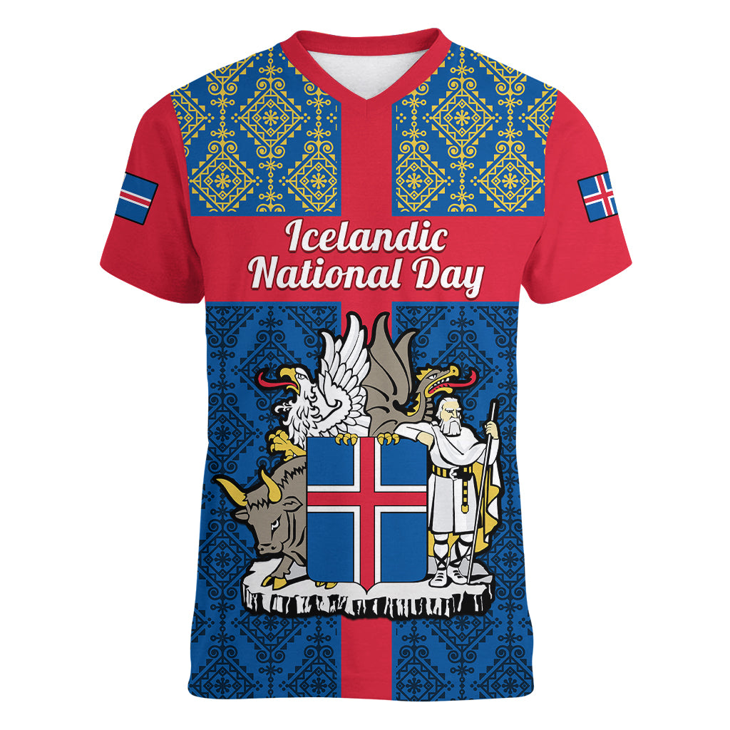 Personalised 17 June Iceland National Day Women V Neck T Shirt Icelandic Folk Pattern - Wonder Print Shop
