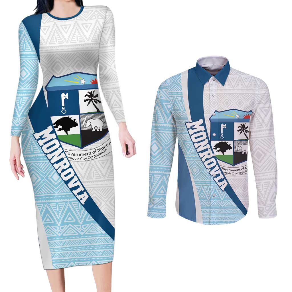 Liberia Monrovia Capital Couples Matching Long Sleeve Bodycon Dress and Long Sleeve Button Shirt African Pattern Curves Style