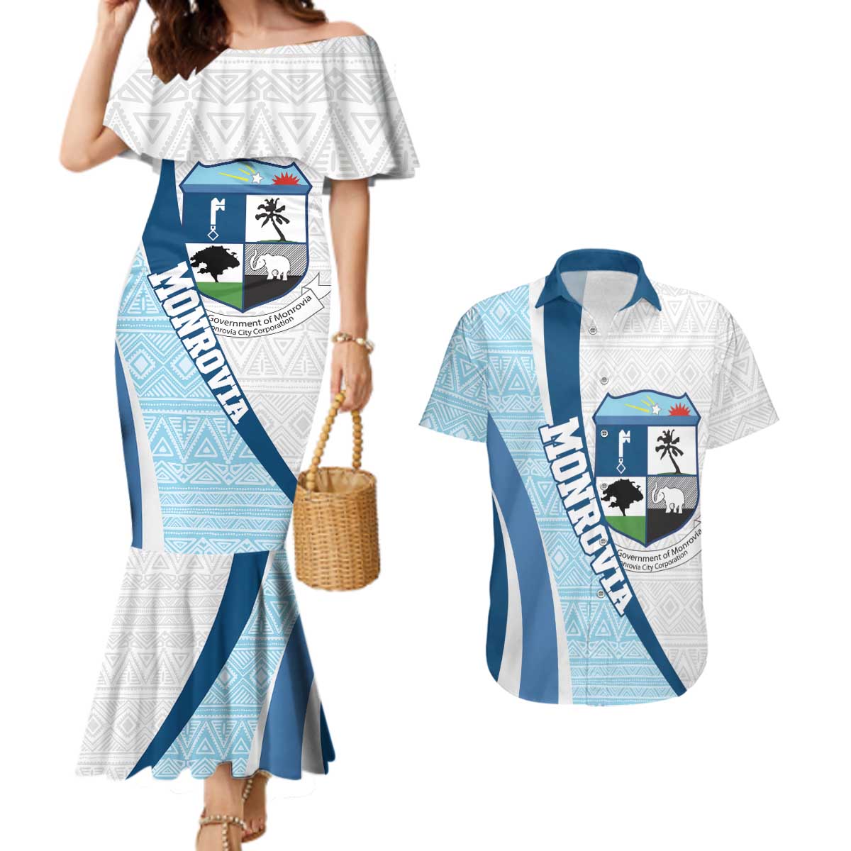Liberia Monrovia Capital Couples Matching Mermaid Dress and Hawaiian Shirt African Pattern Curves Style