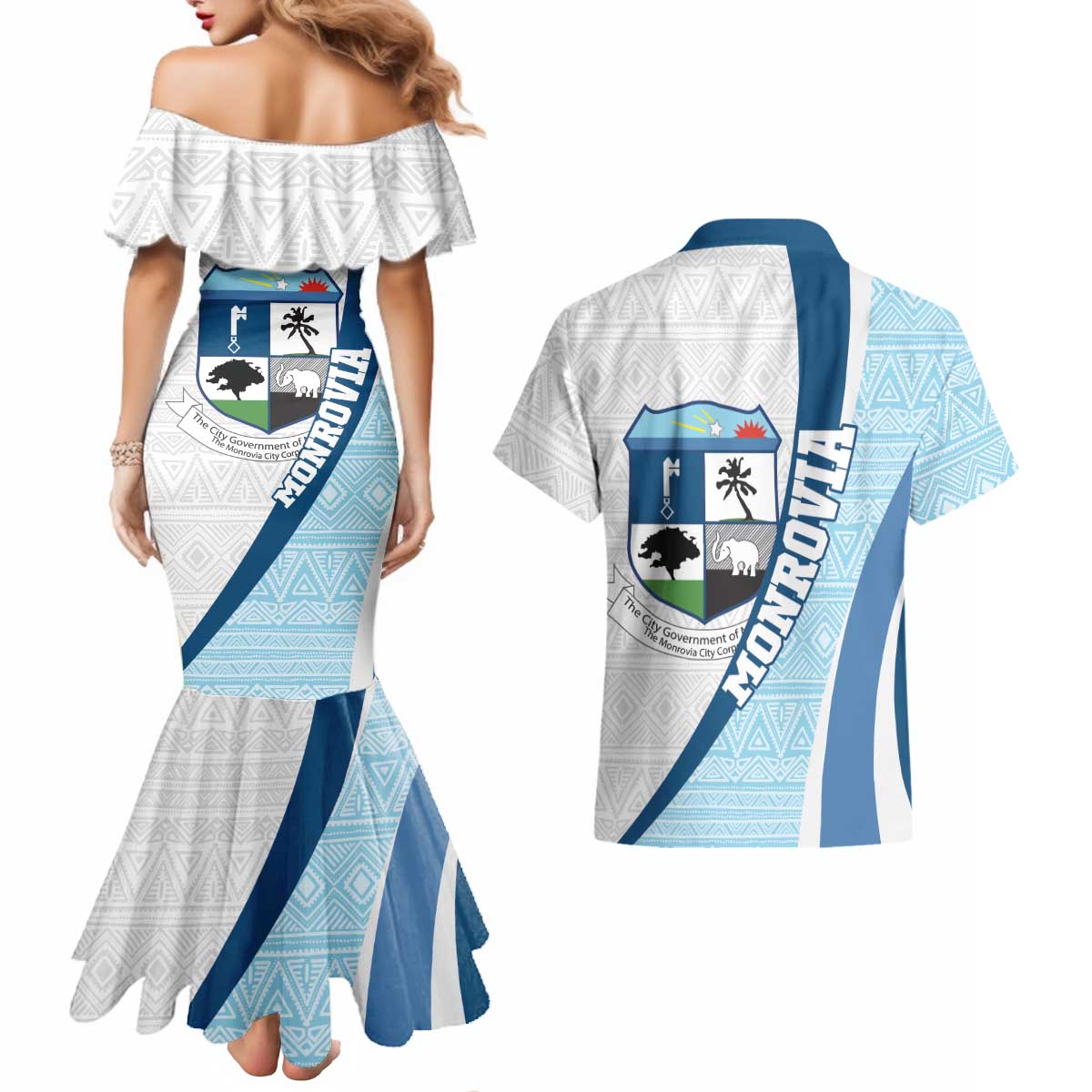 Liberia Monrovia Capital Couples Matching Mermaid Dress and Hawaiian Shirt African Pattern Curves Style