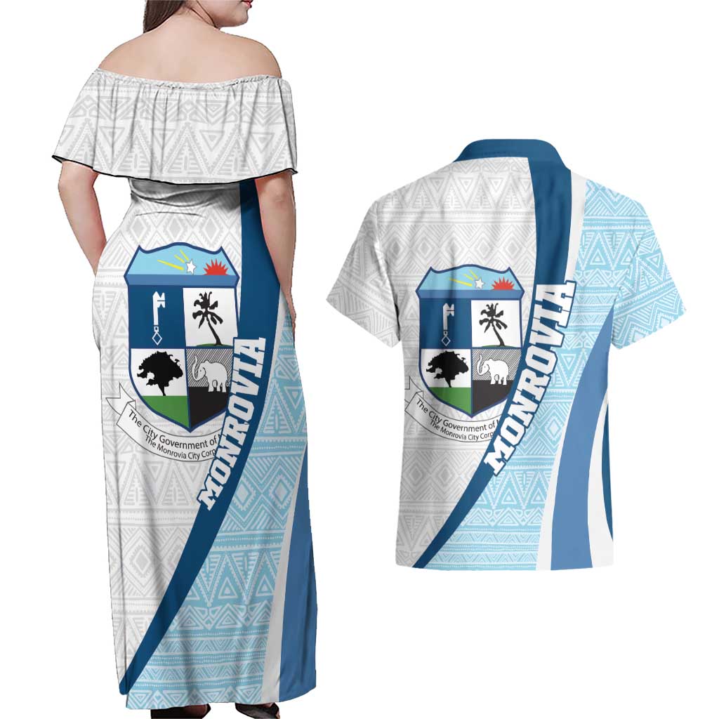 Liberia Monrovia Capital Couples Matching Off Shoulder Maxi Dress and Hawaiian Shirt African Pattern Curves Style