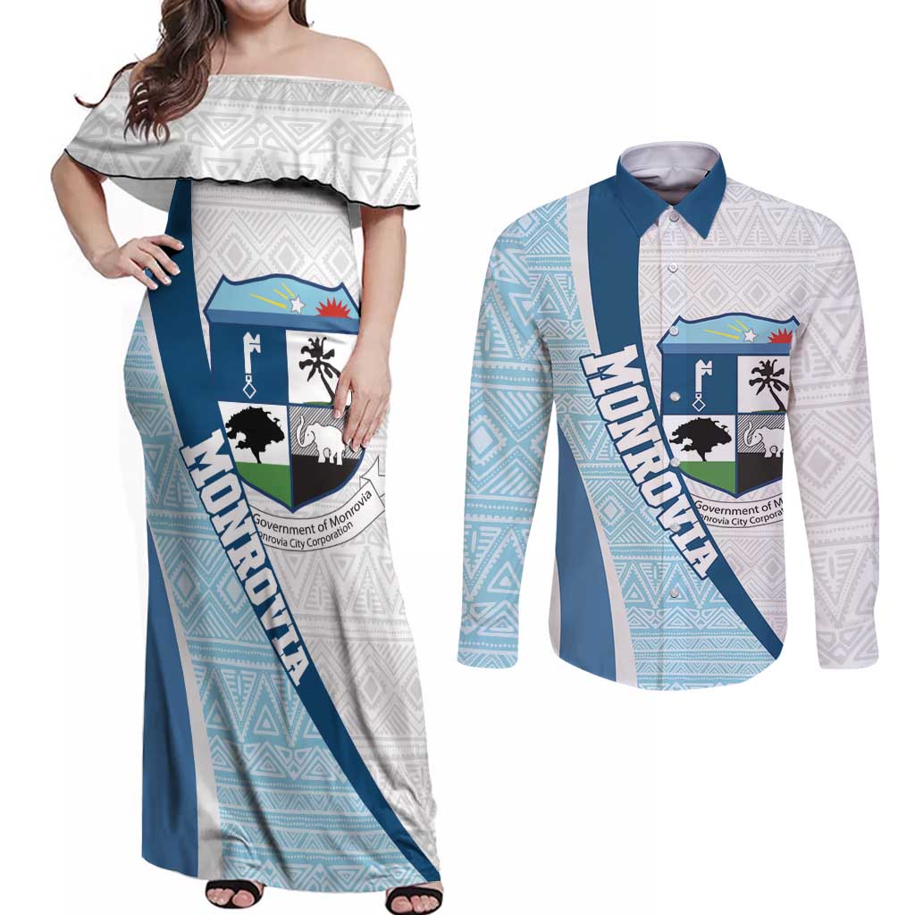 Liberia Monrovia Capital Couples Matching Off Shoulder Maxi Dress and Long Sleeve Button Shirt African Pattern Curves Style