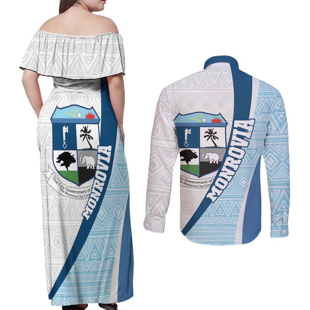 Liberia Monrovia Capital Couples Matching Off Shoulder Maxi Dress and Long Sleeve Button Shirt African Pattern Curves Style