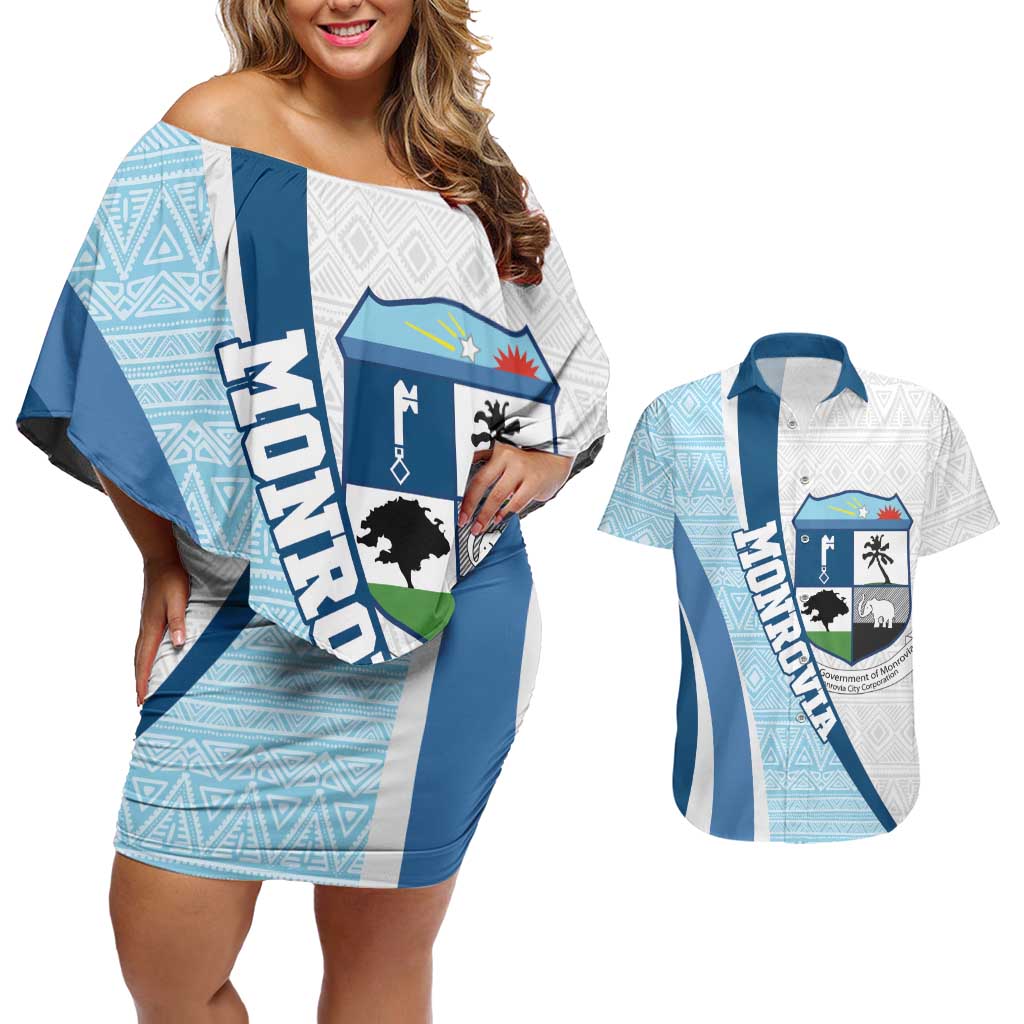 Liberia Monrovia Capital Couples Matching Off Shoulder Short Dress and Hawaiian Shirt African Pattern Curves Style