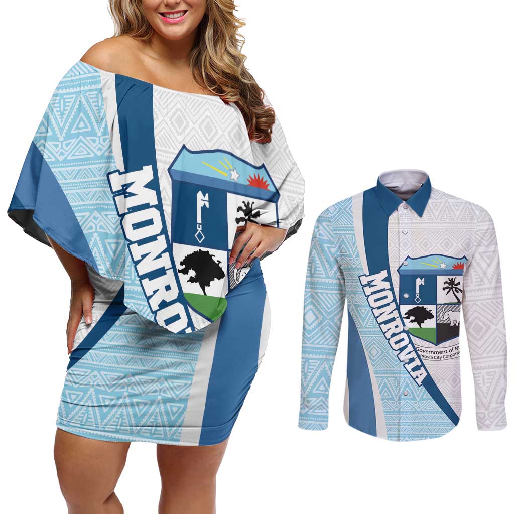 Liberia Monrovia Capital Couples Matching Off Shoulder Short Dress and Long Sleeve Button Shirt African Pattern Curves Style