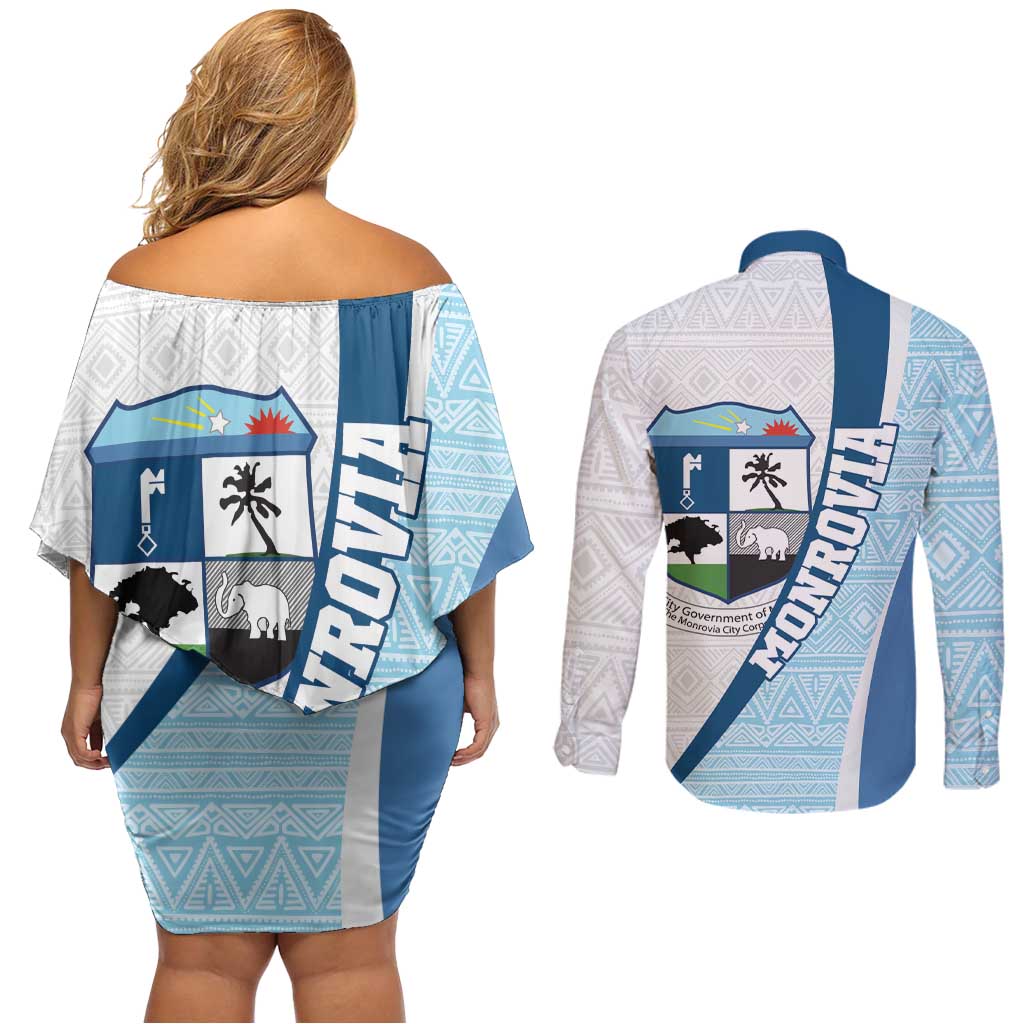 Liberia Monrovia Capital Couples Matching Off Shoulder Short Dress and Long Sleeve Button Shirt African Pattern Curves Style