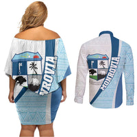 Liberia Monrovia Capital Couples Matching Off Shoulder Short Dress and Long Sleeve Button Shirt African Pattern Curves Style