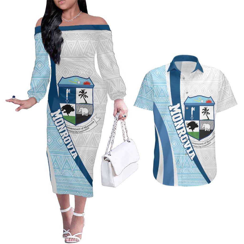 Liberia Monrovia Capital Couples Matching Off The Shoulder Long Sleeve Dress and Hawaiian Shirt African Pattern Curves Style