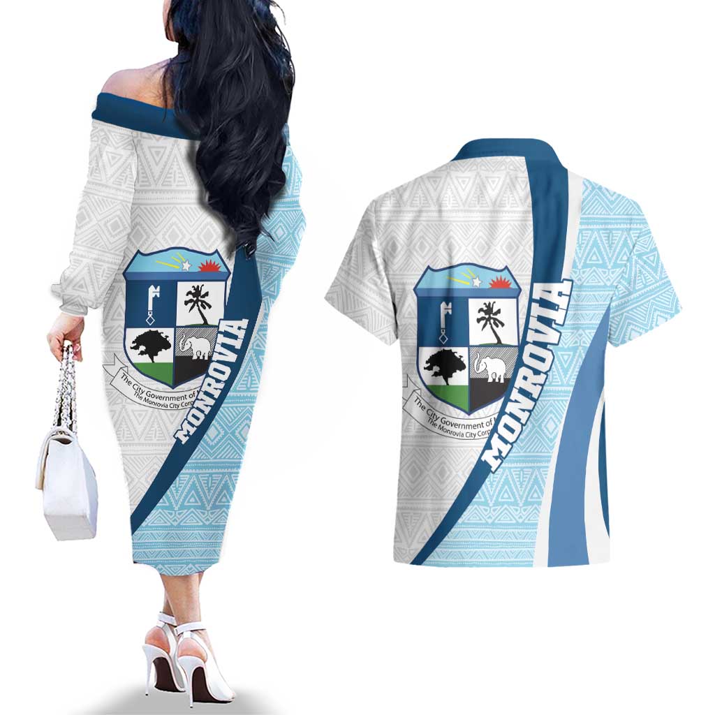 Liberia Monrovia Capital Couples Matching Off The Shoulder Long Sleeve Dress and Hawaiian Shirt African Pattern Curves Style