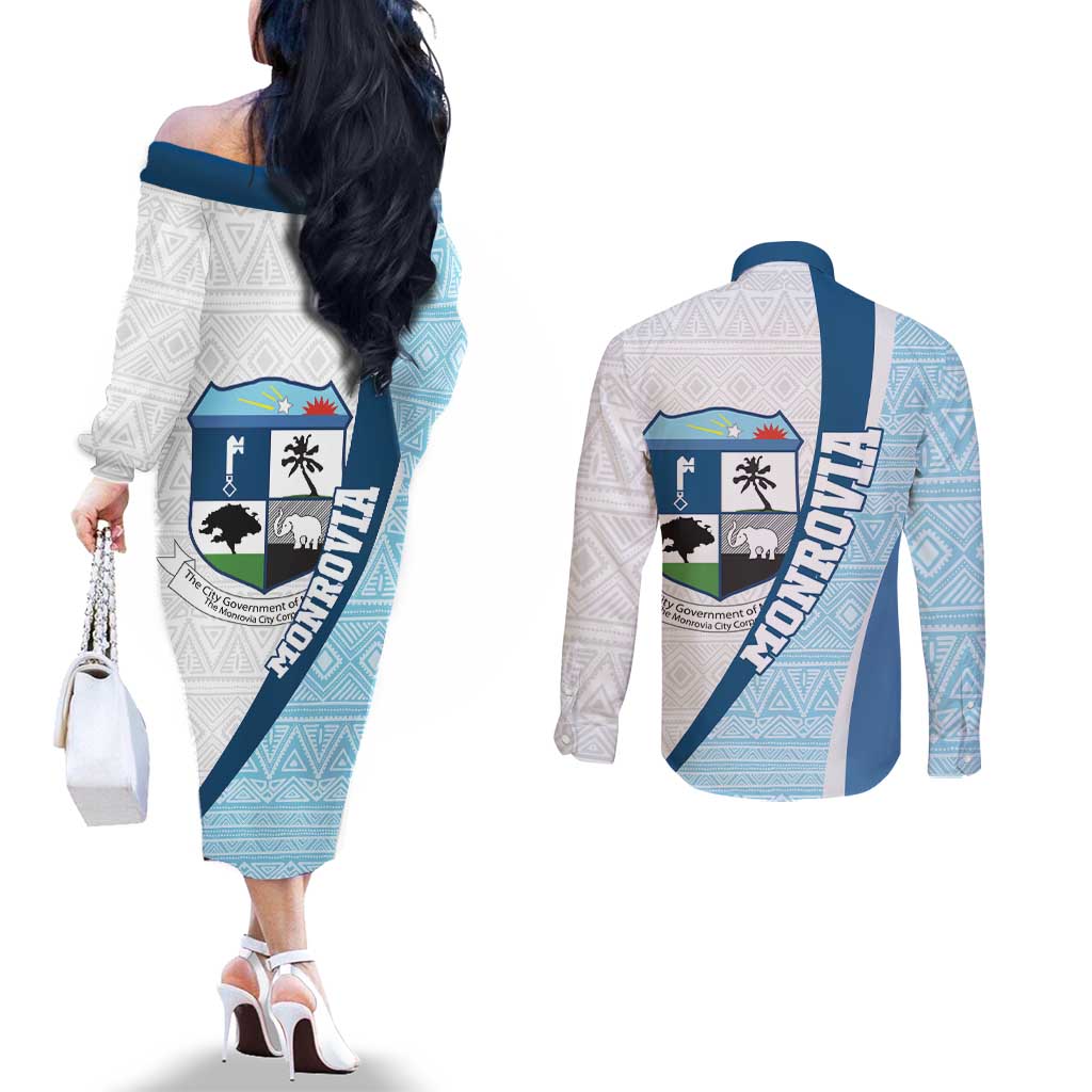 Liberia Monrovia Capital Couples Matching Off The Shoulder Long Sleeve Dress and Long Sleeve Button Shirt African Pattern Curves Style