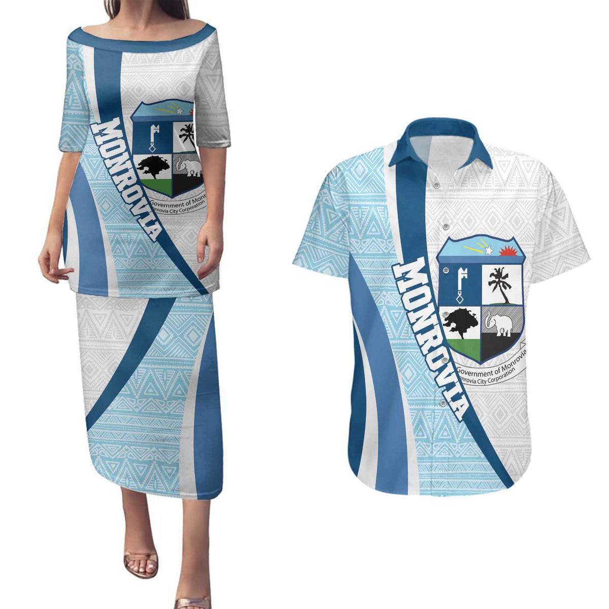 Liberia Monrovia Capital Couples Matching Puletasi and Hawaiian Shirt African Pattern Curves Style