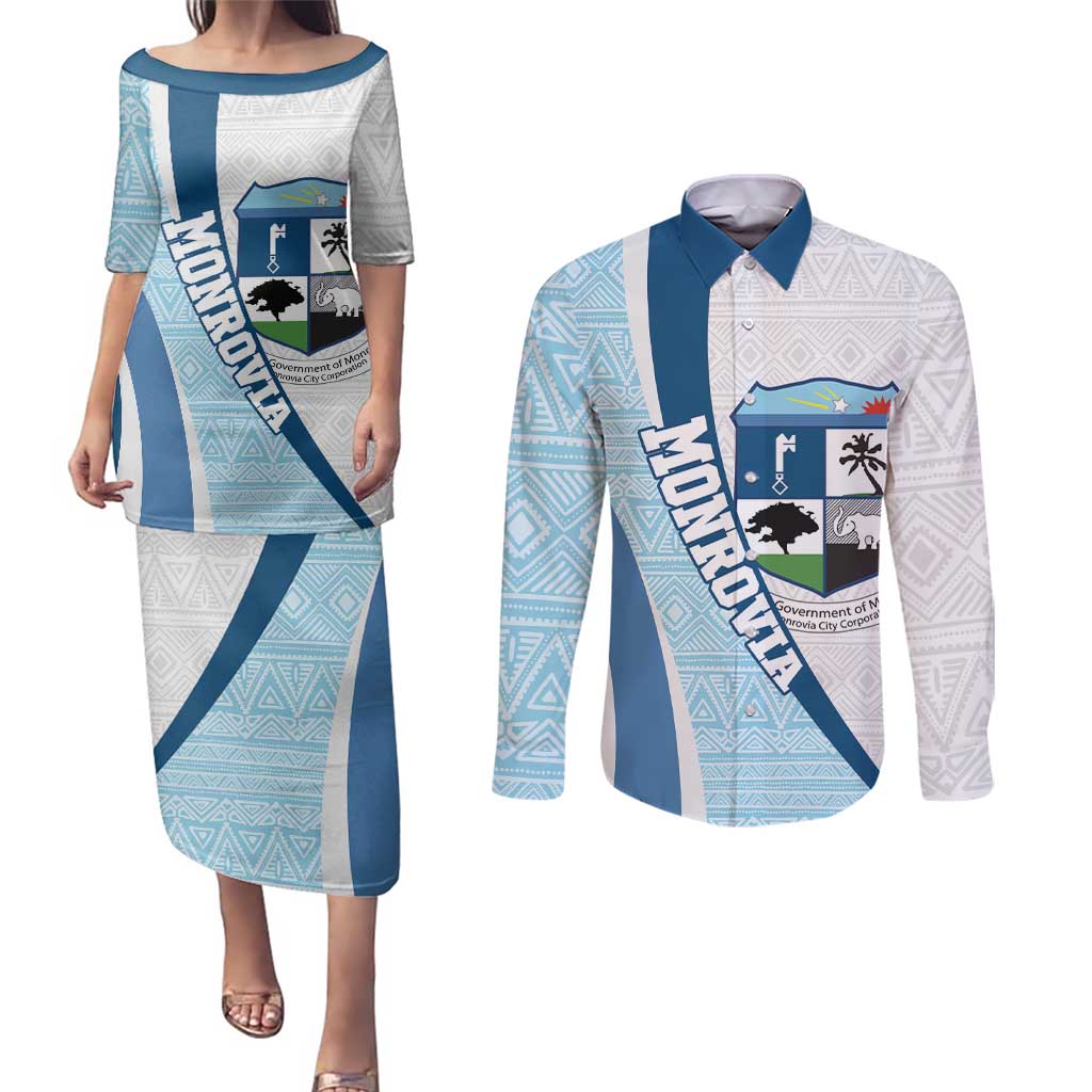 Liberia Monrovia Capital Couples Matching Puletasi and Long Sleeve Button Shirt African Pattern Curves Style