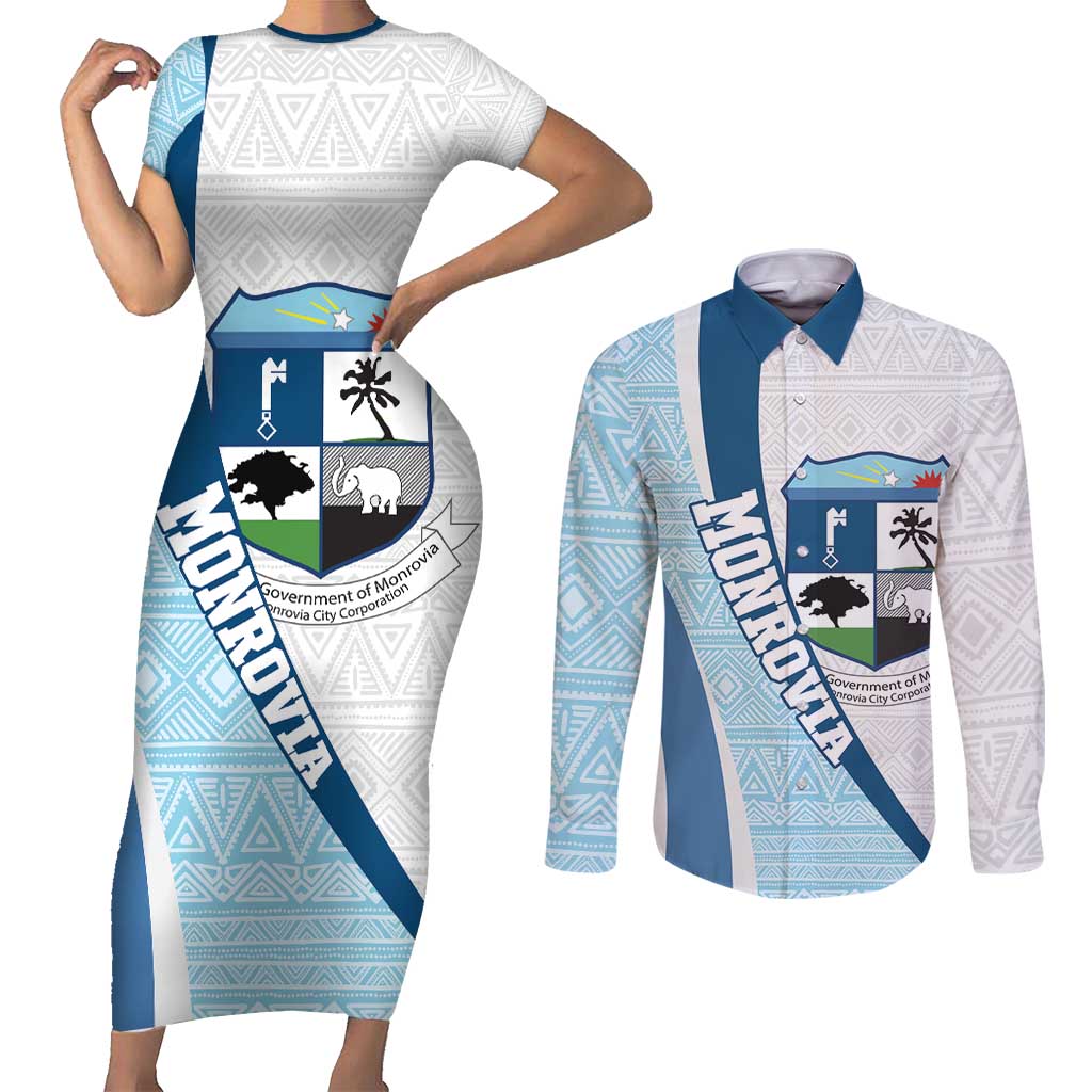 Liberia Monrovia Capital Couples Matching Short Sleeve Bodycon Dress and Long Sleeve Button Shirt African Pattern Curves Style