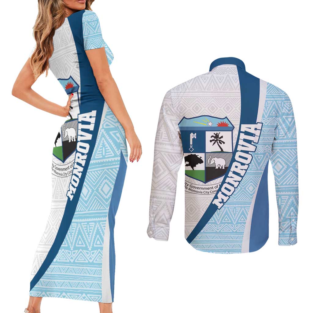 Liberia Monrovia Capital Couples Matching Short Sleeve Bodycon Dress and Long Sleeve Button Shirt African Pattern Curves Style