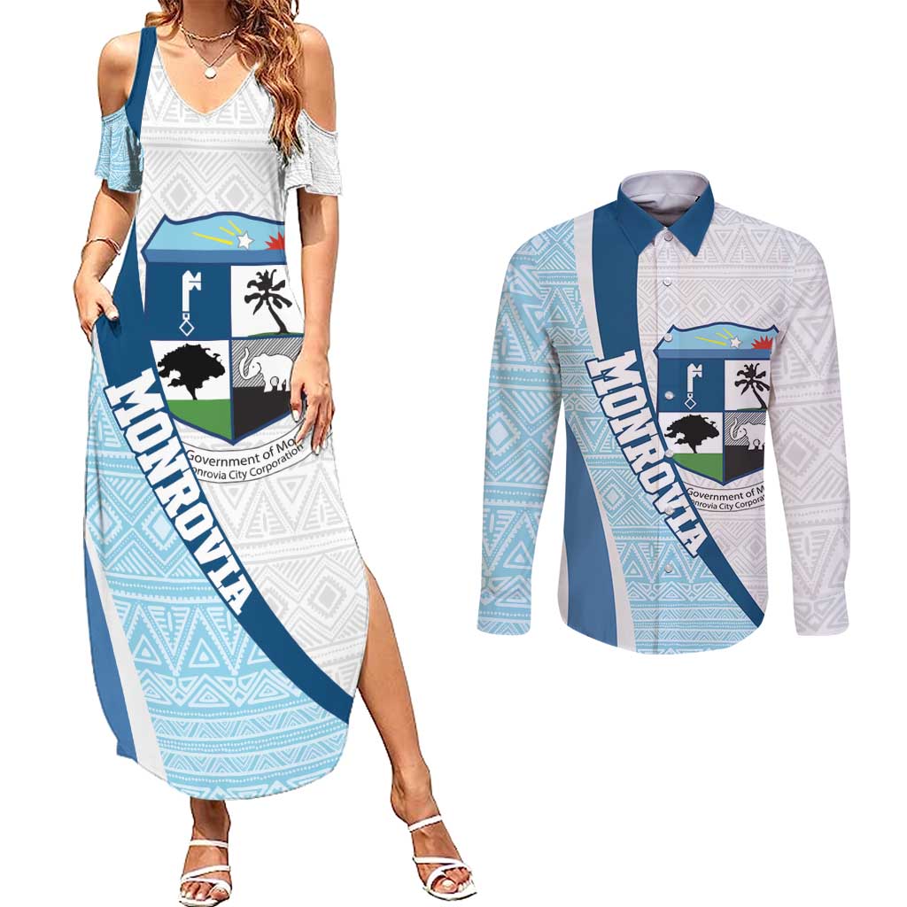 Liberia Monrovia Capital Couples Matching Summer Maxi Dress and Long Sleeve Button Shirt African Pattern Curves Style