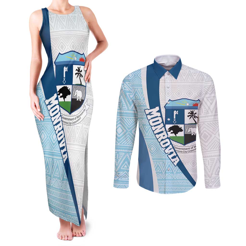 Liberia Monrovia Capital Couples Matching Tank Maxi Dress and Long Sleeve Button Shirt African Pattern Curves Style