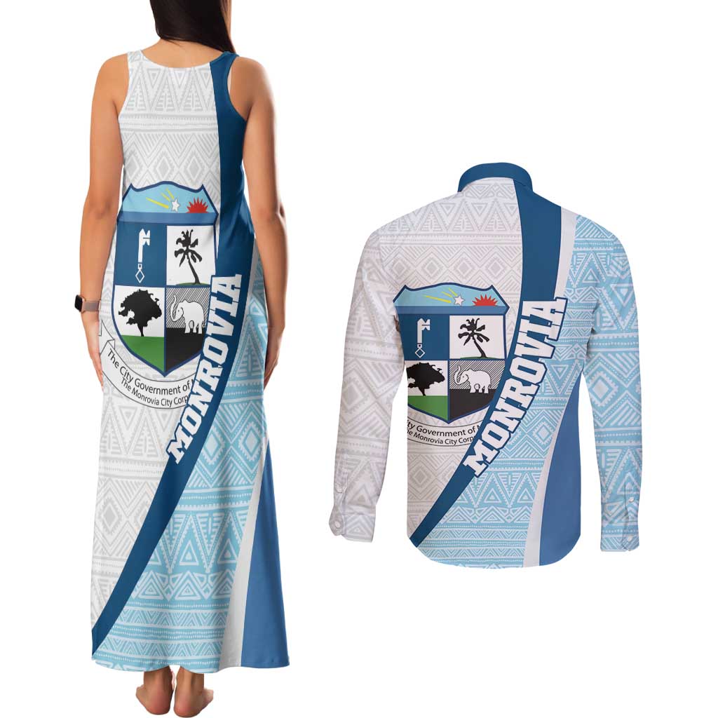 Liberia Monrovia Capital Couples Matching Tank Maxi Dress and Long Sleeve Button Shirt African Pattern Curves Style