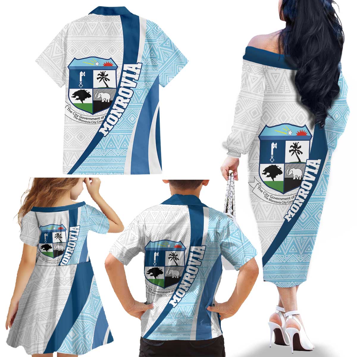 Liberia Monrovia Capital Family Matching Off The Shoulder Long Sleeve Dress and Hawaiian Shirt African Pattern Curves Style