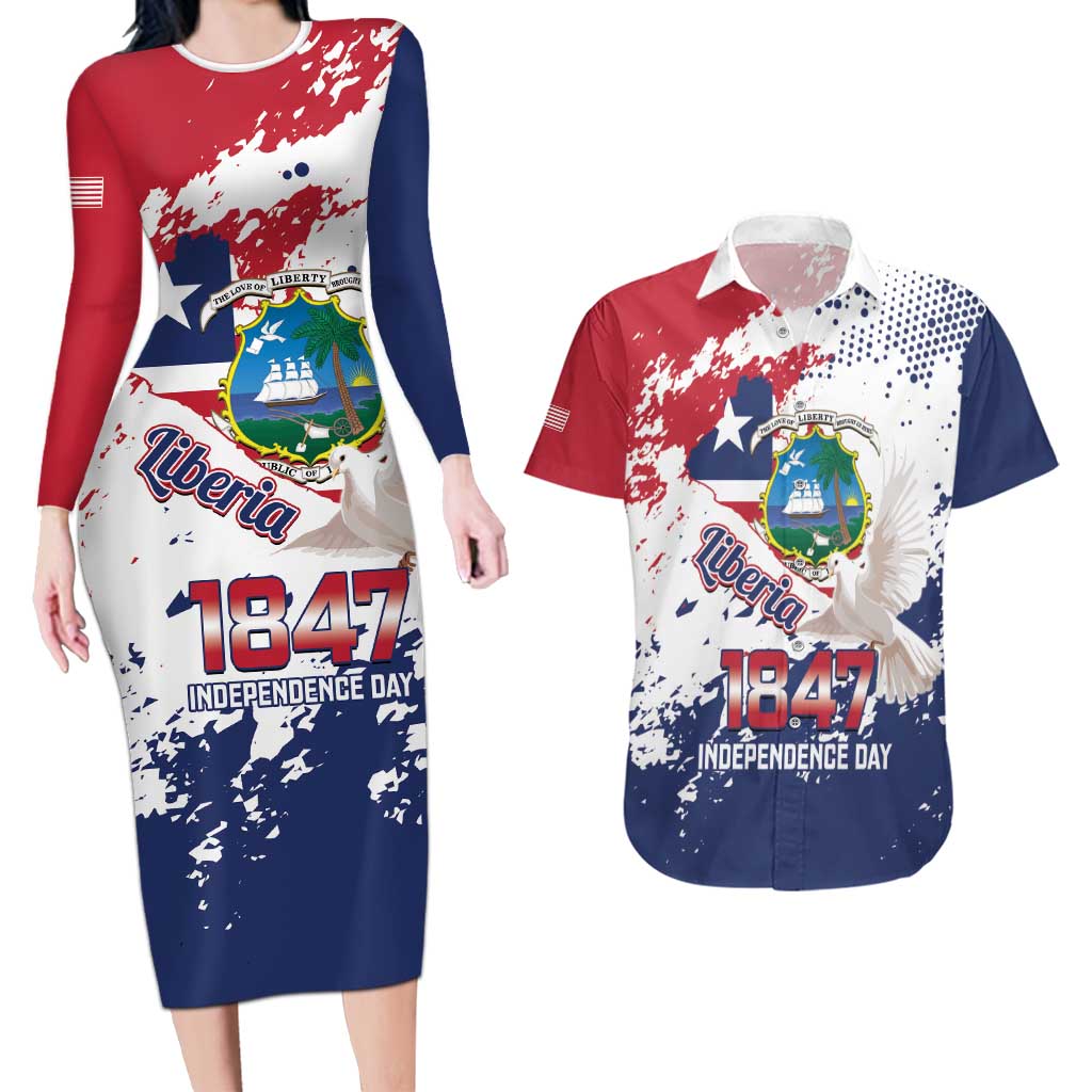 Liberia 1847 Independence Day Couples Matching Long Sleeve Bodycon Dress and Hawaiian Shirt Coat Of Arms Grunge Style