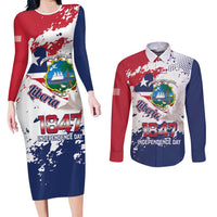 Liberia 1847 Independence Day Couples Matching Long Sleeve Bodycon Dress and Long Sleeve Button Shirt Coat Of Arms Grunge Style