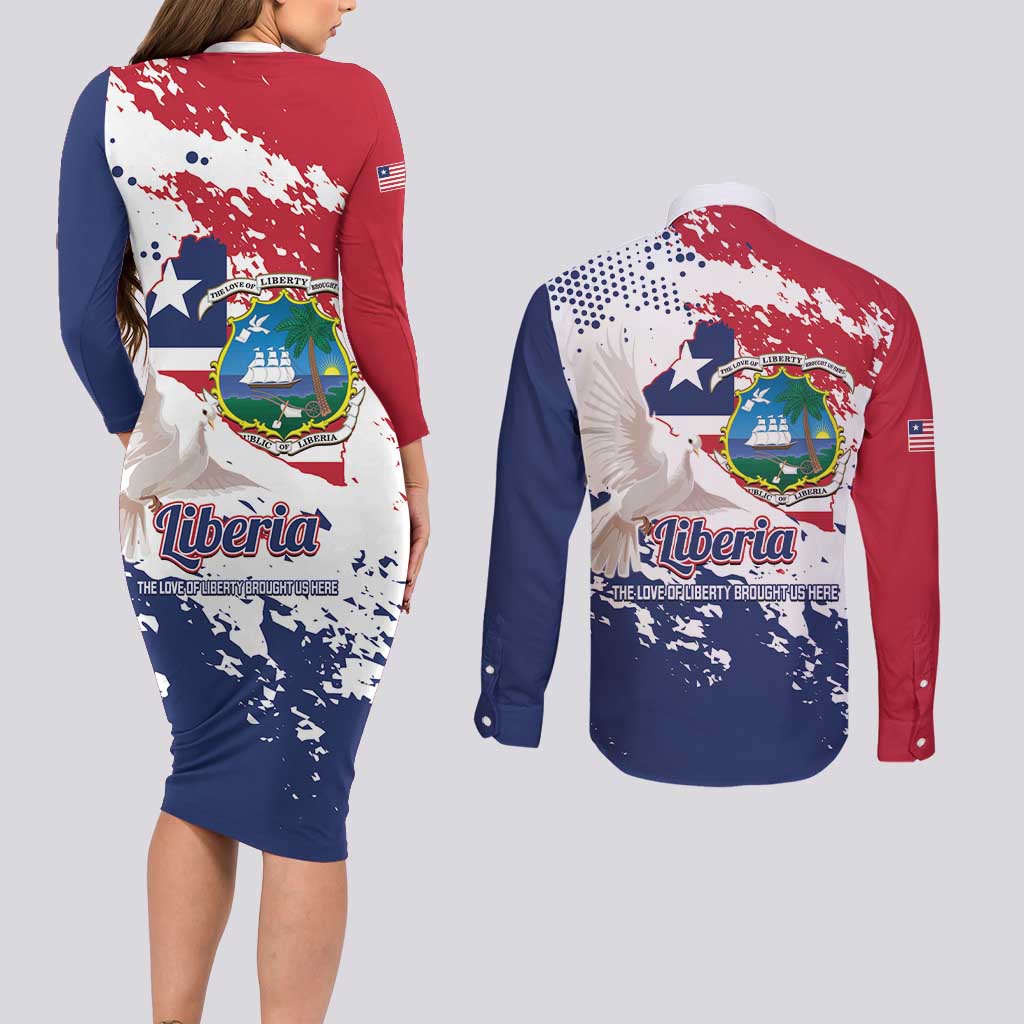 Liberia 1847 Independence Day Couples Matching Long Sleeve Bodycon Dress and Long Sleeve Button Shirt Coat Of Arms Grunge Style