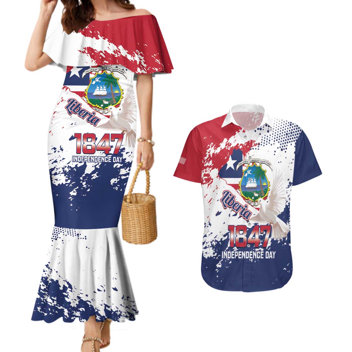 Liberia 1847 Independence Day Couples Matching Mermaid Dress and Hawaiian Shirt Coat Of Arms Grunge Style