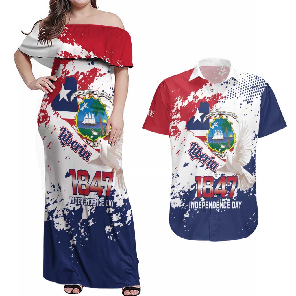 Liberia 1847 Independence Day Couples Matching Off Shoulder Maxi Dress and Hawaiian Shirt Coat Of Arms Grunge Style
