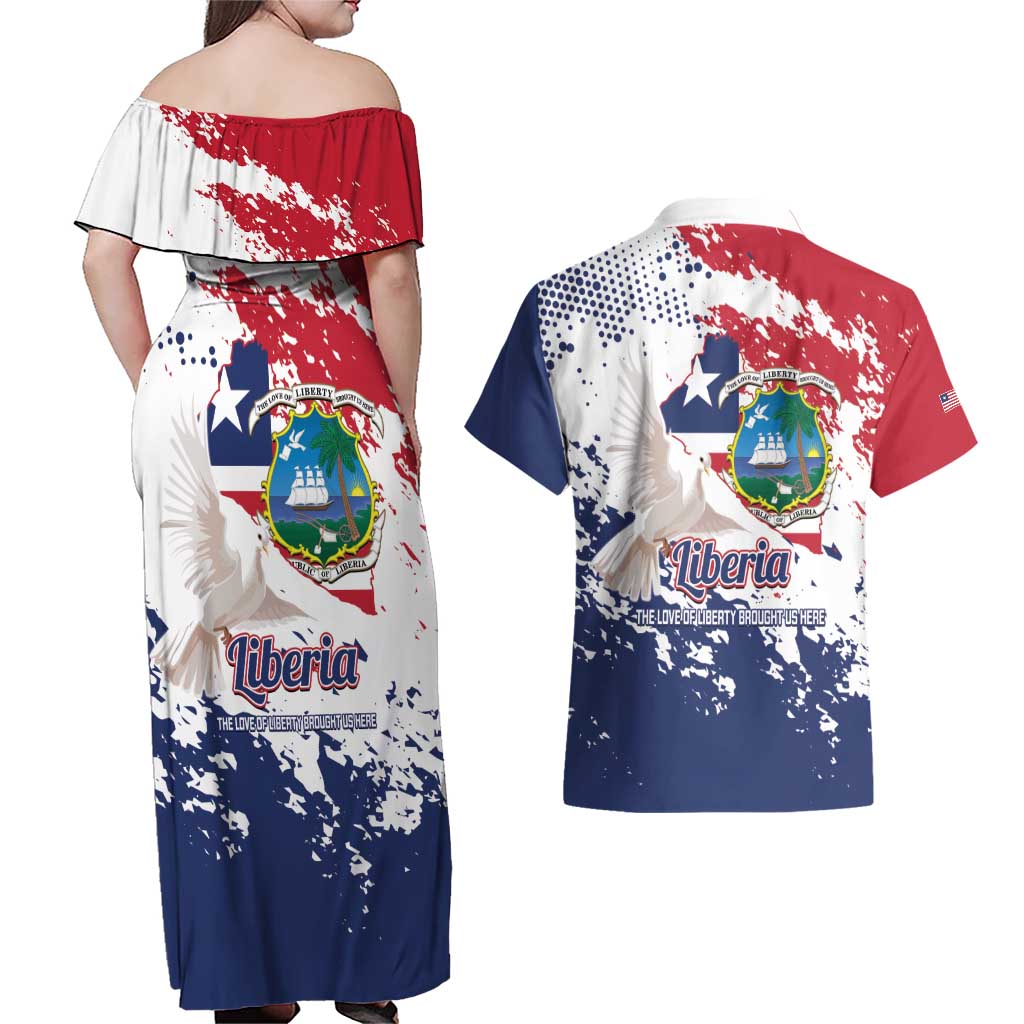 Liberia 1847 Independence Day Couples Matching Off Shoulder Maxi Dress and Hawaiian Shirt Coat Of Arms Grunge Style