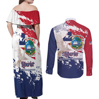 Liberia 1847 Independence Day Couples Matching Off Shoulder Maxi Dress and Long Sleeve Button Shirt Coat Of Arms Grunge Style