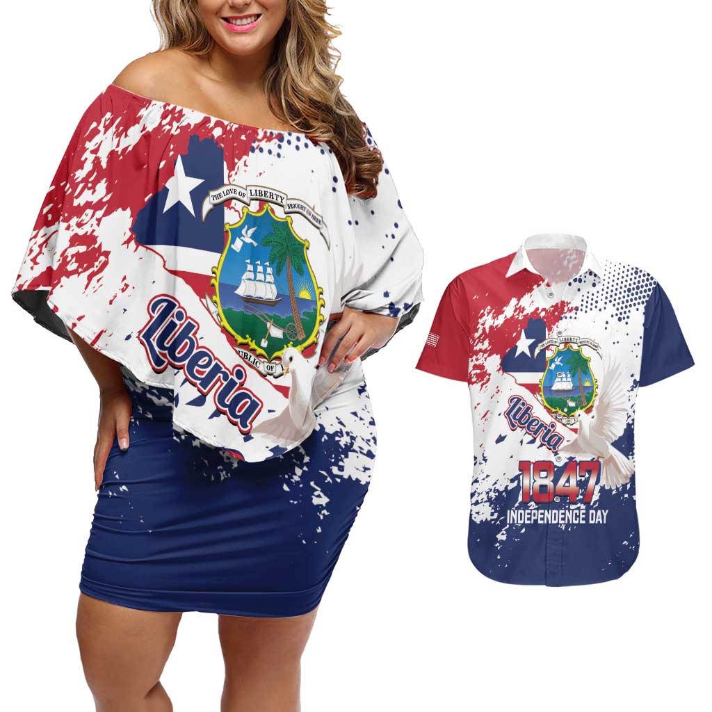 Liberia 1847 Independence Day Couples Matching Off Shoulder Short Dress and Hawaiian Shirt Coat Of Arms Grunge Style