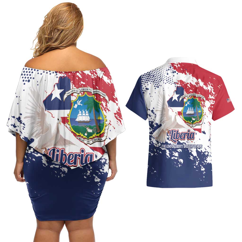 Liberia 1847 Independence Day Couples Matching Off Shoulder Short Dress and Hawaiian Shirt Coat Of Arms Grunge Style