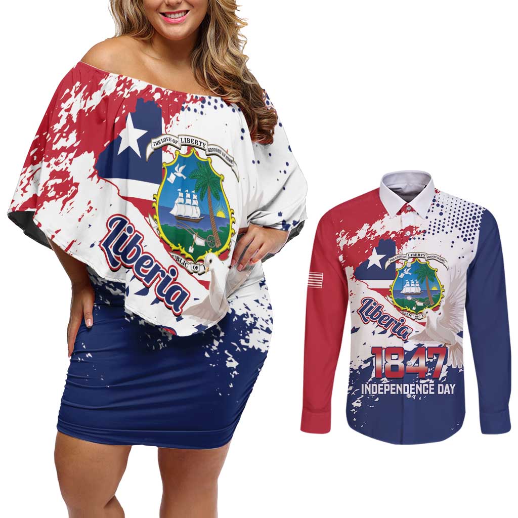 Liberia 1847 Independence Day Couples Matching Off Shoulder Short Dress and Long Sleeve Button Shirt Coat Of Arms Grunge Style