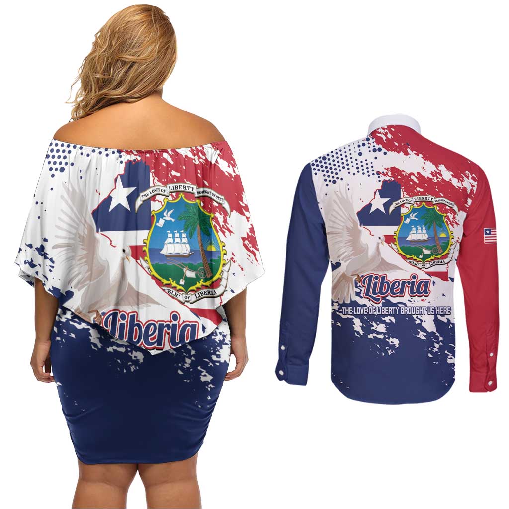 Liberia 1847 Independence Day Couples Matching Off Shoulder Short Dress and Long Sleeve Button Shirt Coat Of Arms Grunge Style