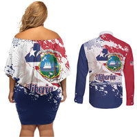 Liberia 1847 Independence Day Couples Matching Off Shoulder Short Dress and Long Sleeve Button Shirt Coat Of Arms Grunge Style